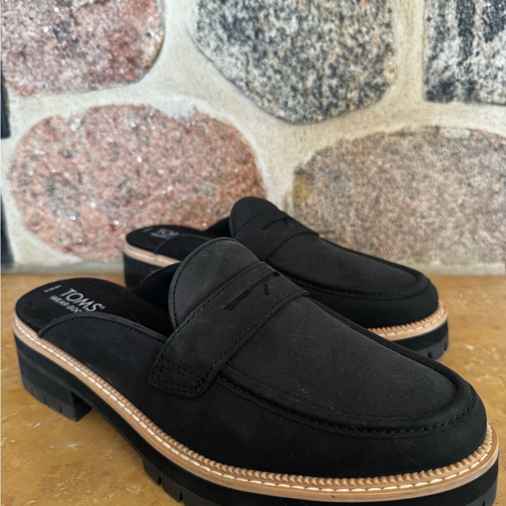 TOMS Black Mules with Tan Accents